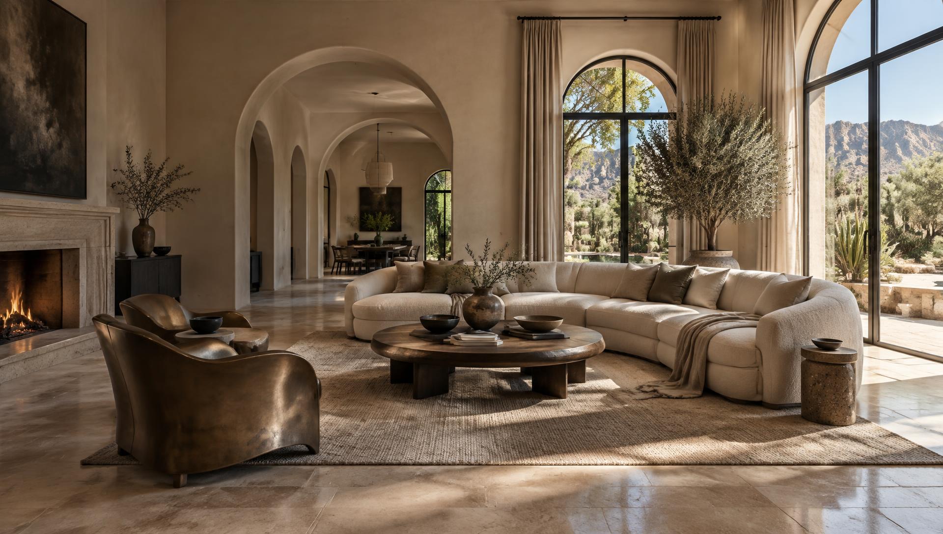 Bella Vie Interior Design inspiration — European-style living room with sculptural furniture and desert views