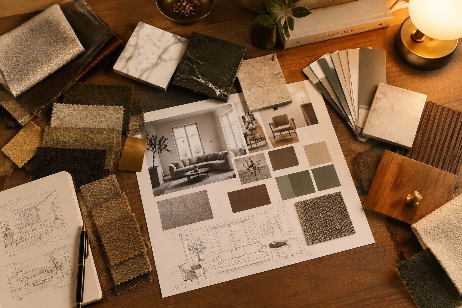 Material samples, fabric swatches and design sketches on a designer's desk